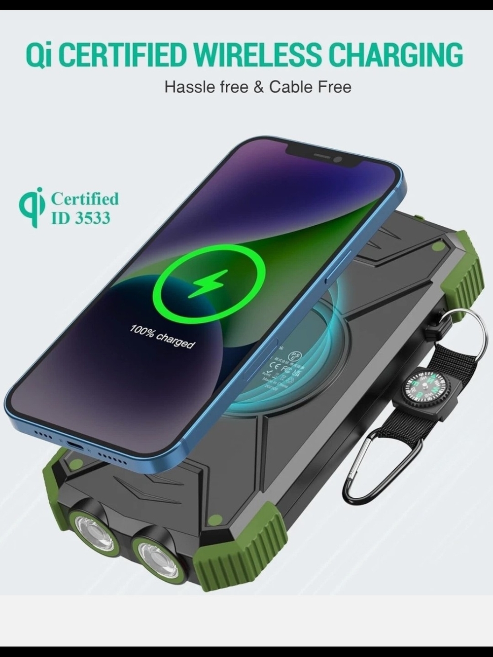 Rugged Wireless Power Bank with Qi Charging - Dark Green